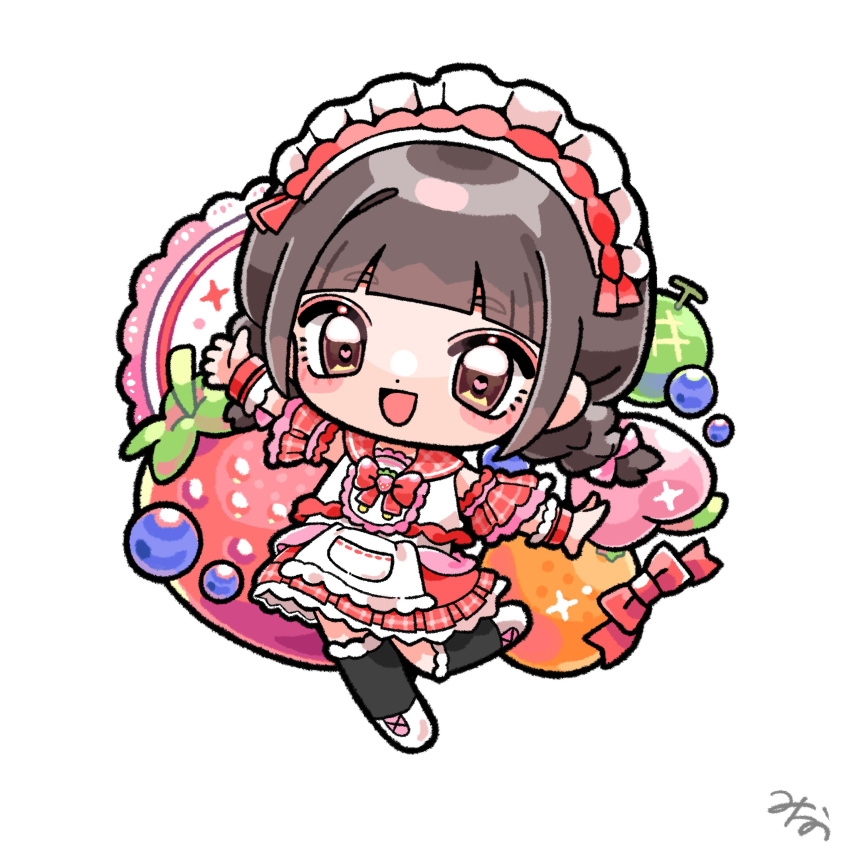 1girl absurdres apron blush_stickers bow braid brown_eyes brown_hair character_request chibi detached_sleeves food fruit highres looking_at_viewer maid_headdress melon mika_no_nijika open_mouth outstretched_arms peach sailor_collar short_sleeves skirt smile socks solo standing standing_on_one_leg strawberry twin_braids wrist_cuffs