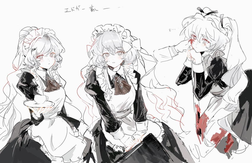 1girl apron ascot blood blood_on_clothes blood_on_face bow cup greyscale hair_bow highres holding holding_tray ishmael_(project_moon) juliet_sleeves limbus_company long_hair long_sleeves looking_at_viewer maid maid_apron monochrome multiple_views o_tyappa project_moon puffy_sleeves spot_color teacup tray twintails very_long_hair