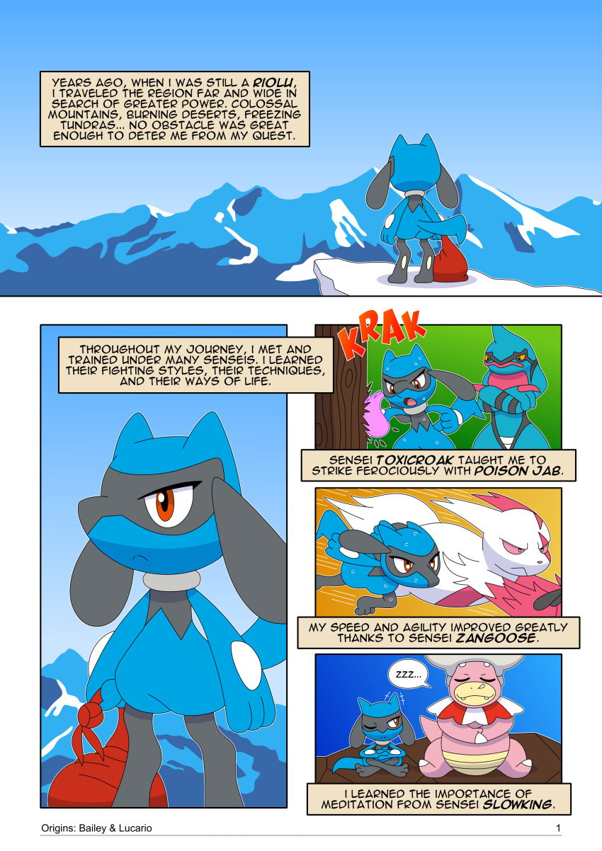 2024 absurd_res ambiguous_gender anthro bag black_body black_fur blue_body blue_fur comic digital_media_(artwork) english_text feral fur generation_2_pokemon generation_3_pokemon generation_4_pokemon hi_res knight-of-syrinx mountain nintendo orange_eyes pokemon pokemon_(species) riolu sleeping slowking snow text toxicroak zangoose