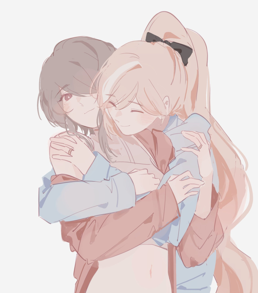 2girls bianka_durandal_ataegina black_bow blonde_hair blue_hoodie bow bright_pupils closed_eyes crop_top english_commentary grey_background grey_hair hair_bow hair_over_one_eye hand_on_another's_shoulder highres honkai_(series) honkai_impact_3rd hood hood_down hoodie hug jacket jewelry long_hair looking_at_viewer midriff multiple_girls navel ponytail red_eyes red_jacket ring rita_rossweisse short_hair simple_background single_bare_shoulder sketch smile white_pupils ylceon yuri