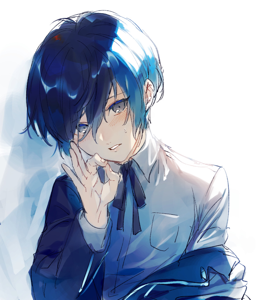 1boy bishounen blue_eyes blue_hair blush collared_shirt commentary_request fellatio_gesture gekkoukan_high_school_uniform hair_over_one_eye highres jacket long_sleeves looking_at_viewer lor_(roasyerizyonirapi) male_focus off_shoulder parted_lips persona persona_3 school_uniform shirt short_hair sidelighting sketch smile solo sweat upper_body white_background white_shirt yuuki_makoto_(persona_3)