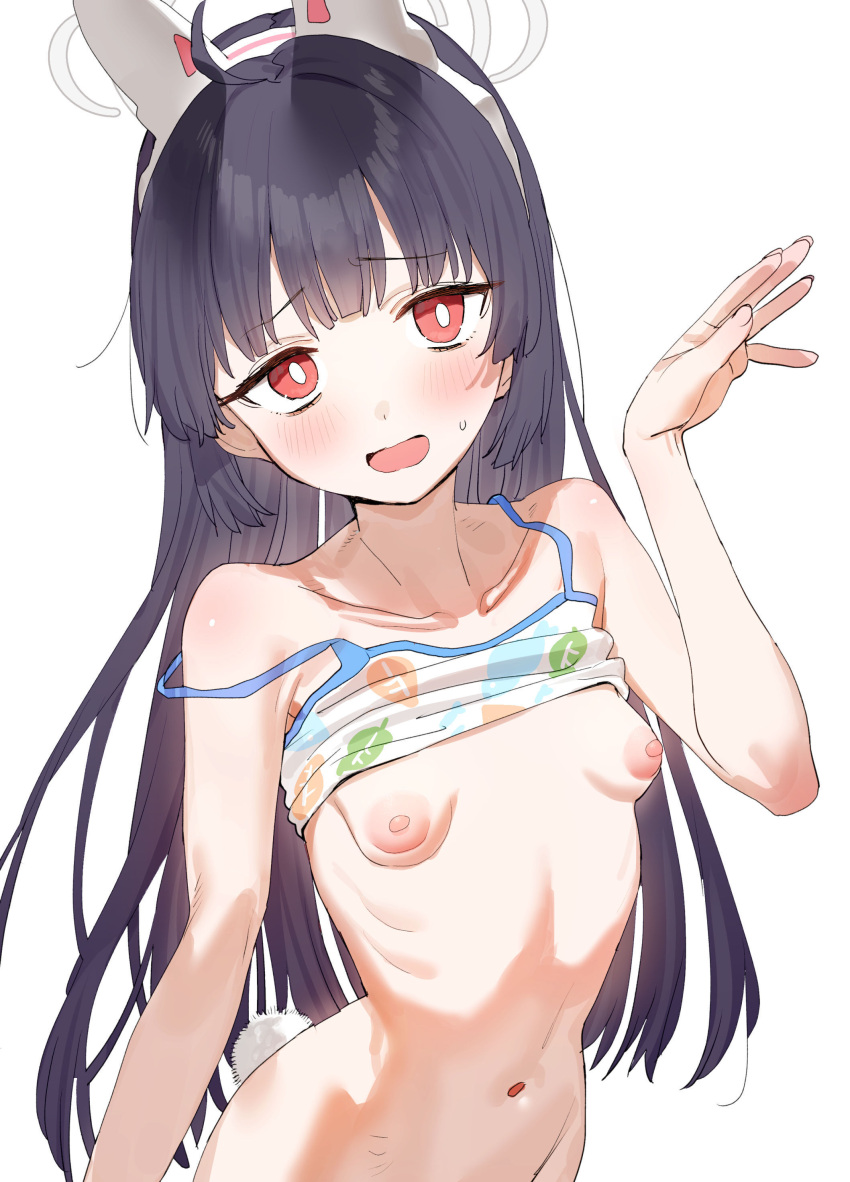 1girl absurdres animal_ears bikini bikini_top_lift black_hair blue_archive blush breasts bright_pupils clothes_lift fake_animal_ears fake_tail grey_halo halo highres leaf_print long_hair miyu_(blue_archive) miyu_(swimsuit)_(blue_archive) navel nipples open_mouth print_bikini rabbit_ears rabbit_tail red_eyes simple_background small_breasts solo subachi swimsuit tail white_background white_pupils