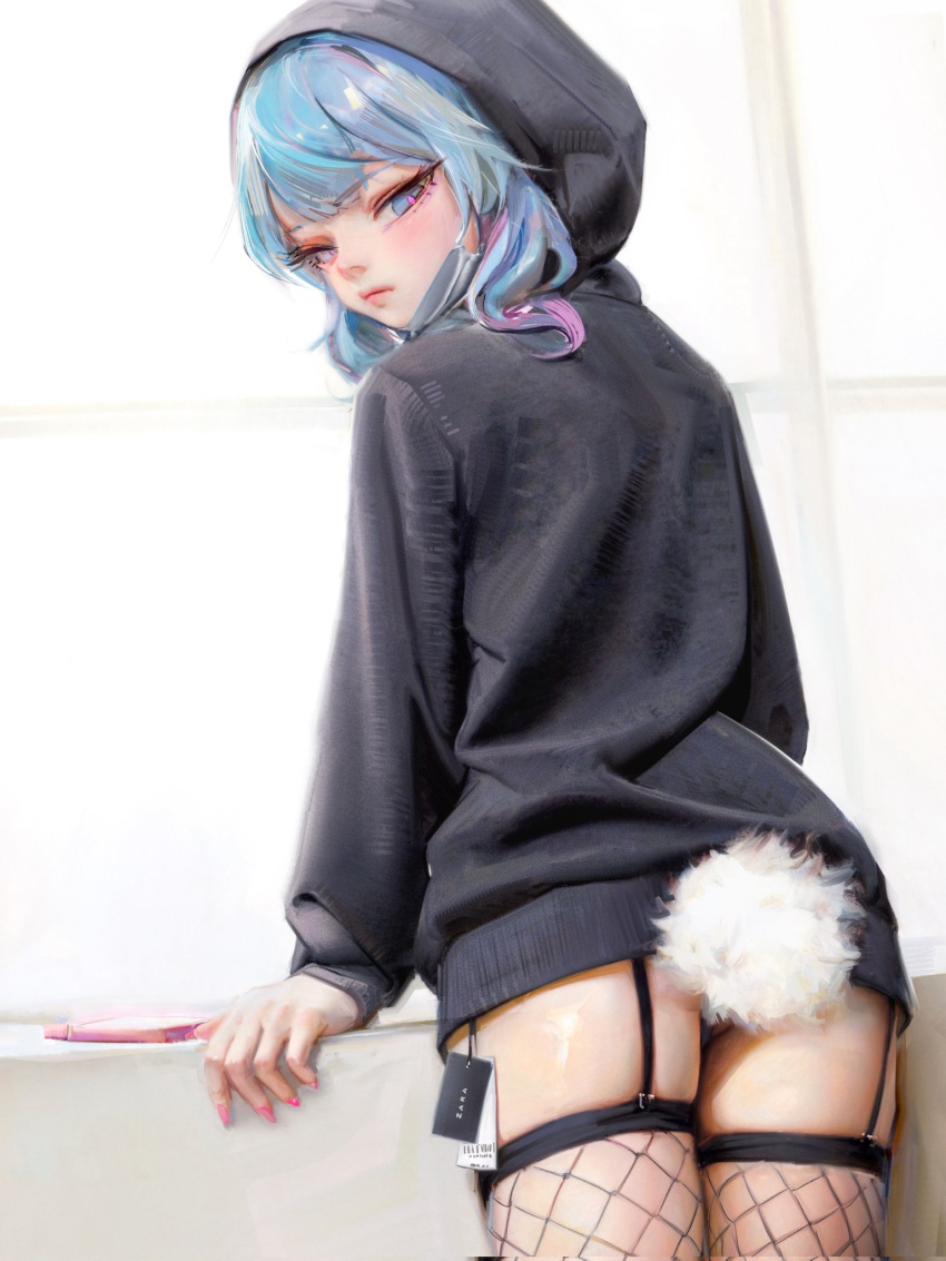 1girl arm_support black_hoodie blue_eyes blue_hair closed_mouth corrupted_twitter_file fishnet_thighhighs fishnets from_behind garter_straps hatsune_miku highres hood hood_up hoodie long_sleeves looking_at_viewer looking_back mask mask_around_neck no_pants pink_nails price_tag rabbit_hole_(vocaloid) rabbit_tail revision solo sweetonedollar tail thighhighs vocaloid zara_(brand)