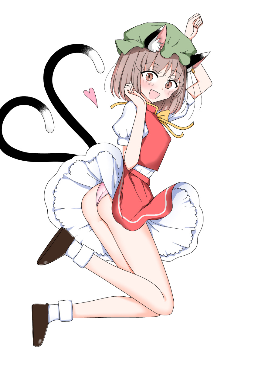 1girl :d animal_ear_fluff animal_ear_piercing animal_ears arm_up ass blush breasts brown_eyes brown_hair cat_ears cat_tail chen commentary_request dot_nose earrings eyelashes from_side full_body hands_up happy hat heart highres jewelry knees_together_feet_apart looking_at_viewer looking_to_the_side medium_breasts mob_cap multiple_tails nekomata open_mouth panties paw_pose puffy_short_sleeves puffy_sleeves red_skirt red_vest shiisuu_rattamu short_hair short_sleeves single_earring skirt skirt_set smile solo tail touhou two_tails underwear upskirt vest wind wind_lift