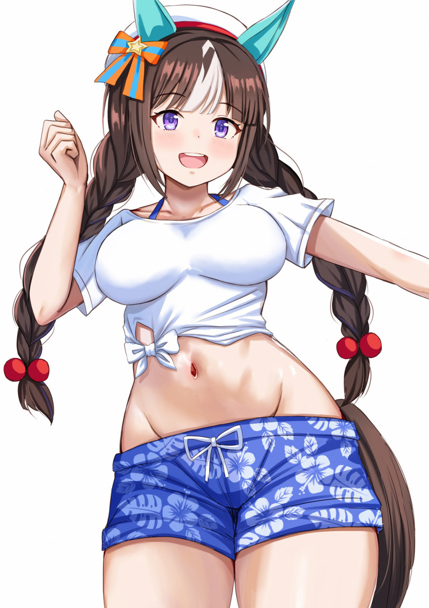 1girl animal_ears braid breasts brown_hair cowboy_shot ear_covers floral_print floral_print_pants highres hokko_tarumae_(umamusume) horse_ears horse_girl horse_tail low_twin_braids multicolored_hair navel nootomo open_mouth puffy_short_sleeves puffy_sleeves purple_eyes shirt short_sleeves simple_background smile solo striped_hair tail twin_braids two-tone_hair umamusume white_background white_hat white_shirt