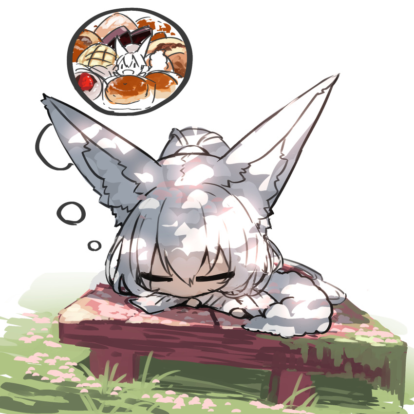 1girl :d animal_ear_fluff animal_ears bread chibi closed_eyes commentary_request dreaming food fox_ears fox_girl fox_tail grey_hair hair_between_eyes highres japanese_clothes kimono long_hair melon_bread mini_person minigirl original ponytail sleeping smile tail very_long_hair white_background white_kimono yuuji_(yukimimi) |_|