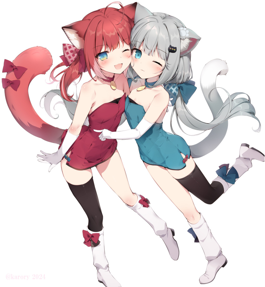 akami_karubi black_thighhighs blue_eyes breasts closed_mouth dress elbow_gloves full_body gloves green_dress green_hair highres indie_virtual_youtuber jewelry karory long_hair nachoneko necklace one_eye_closed open_mouth red_dress red_hair shoes small_breasts smile tail thighhighs thighs virtual_youtuber white_background white_footwear white_gloves