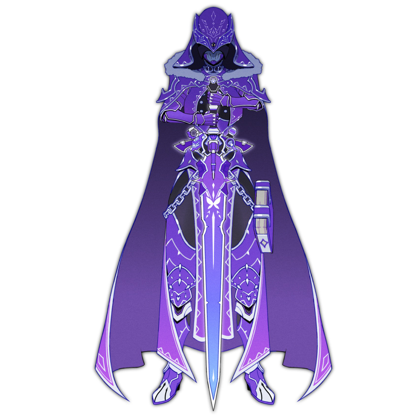 1girl armor body_armor cape dress full_armor full_body gauntlets gloves helmet highres hip_armor holding holding_sword holding_weapon king knight looking_at_viewer ohgercalibur ohsama_sentai_king-ohger papillon_ohger purple_armor purple_eyes solo super_sentai sword tokusatsu tongzhen_ganfan weapon white_background