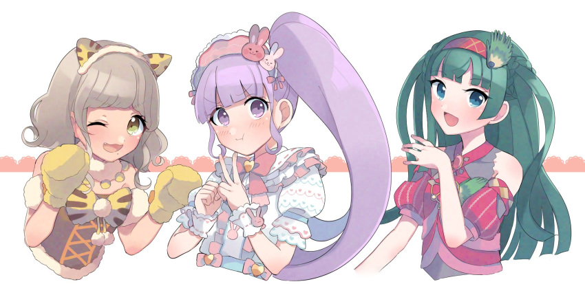 3girls :d animal_ear_hairband animal_ears animal_hands bad_id bad_twitter_id blue_eyes blunt_bangs blunt_ends brown_hair cat_ear_hairband cat_ears closed_mouth commentary_request cropped_torso fake_animal_ears gloves green_hair hairband hands_up highres idol_clothes inactive_account long_hair looking_at_viewer manaka_non mole mole_under_mouth multiple_girls one_eye_closed open_mouth paw_gloves peacock_feathers pout pretty_series pripara purple_eyes purple_hair red_hairband shiyurinpu short_hair side_ponytail sidelocks smile taiyo_pepper tsukikawa_chili two_side_up upper_body v white_background