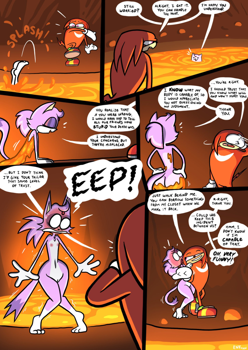 anthro blaze_the_cat butt clothing comic dialogue digital_media_(artwork) domestic_cat duo echidna embarrassed english_text felid feline felis female flat_chested footwear fur genitals hair hi_res humor knuckles_the_echidna lava male mammal monotreme nipples nude purple_body purple_fur pussy sega shoes sonic_the_hedgehog_(series) speech_bubble tail text theenfman