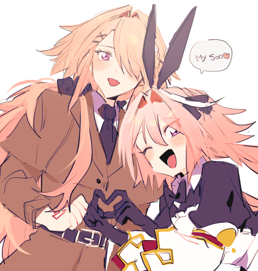 2boys astolfo_(fate) blonde_hair blush crossdressing fate_(series) heart heart_hands highres koyashaka lelahel_meier_(koyashaka) long_hair looking_at_viewer multiple_boys one_eye_closed original pink_hair purple_eyes sketch white_background white_hair