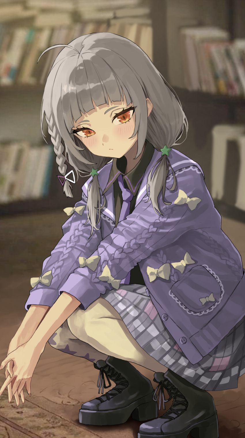 1girl absurdres art_mu blunt_bangs blurry blurry_background blush boots bow braid cardigan collared_shirt grey_hair hair_ornament highres hololive looking_at_viewer low_twintails murasaki_shion murasaki_shion_(school_uniform) necktie orange_eyes pantyhose shirt skirt slit_pupils solo squatting star_(symbol) star_hair_ornament twintails virtual_youtuber