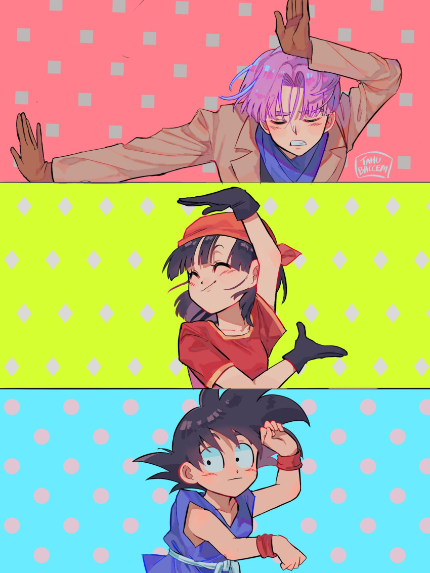 1girl 2boys artist_name black_gloves blue_background brown_gloves brown_jacket child closed_eyes dougi dragon_ball dragon_ball_gt eizouken_ni_wa_te_wo_dasu_na! gloves highres jacket long_sleeves meteorstaar multiple_boys pan_(dragon_ball) parody red_background scene_reference short_sleeves sleeveless son_goku spiked_hair trunks_(dragon_ball) wristband yellow_background