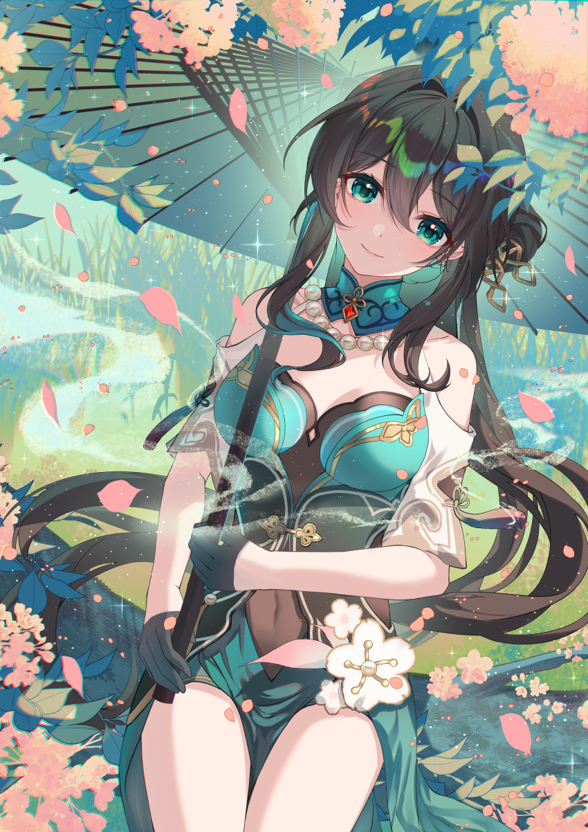 1girl absurdres aqua_eyes bare_shoulders black_gloves black_hair blue_dress blush bodystocking breasts cherry_blossoms chinese_clothes closed_mouth collarbone covered_navel detached_collar dress flower gem gloves gold_trim grass hair_between_eyes hair_bun hair_ornament hair_stick hand_up highres holding holding_umbrella honkai:_star_rail honkai_(series) jewelry leaf long_hair long_sleeves looking_at_viewer medium_breasts necklace necktie off_shoulder oil-paper_umbrella outdoors pearl_necklace petals pink_flower red_gemstone ruan_mei_(honkai:_star_rail) sidelocks sitting smile solo tassel umbrella user_tema8258 white_flower wide_sleeves
