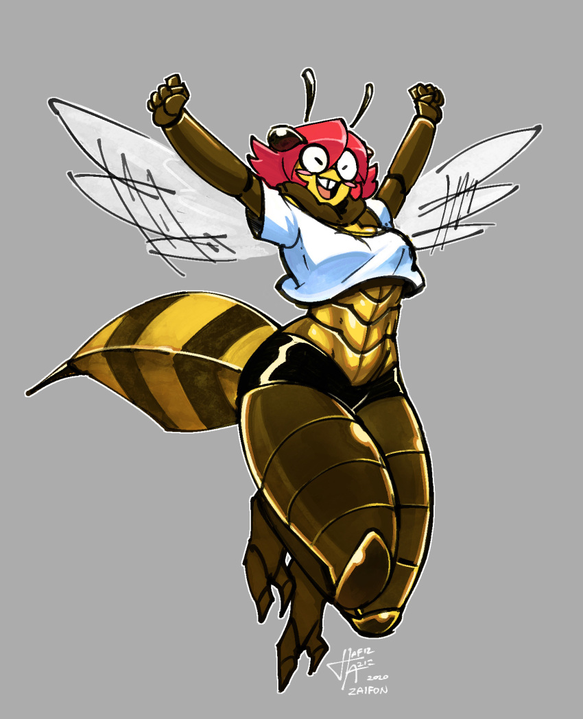 2020 5_fingers antennae_(anatomy) arthropod arthropod_abdomen bee_girl_(za1f0n) black_body brown_body buckteeth clothing crop_top digital_drawing_(artwork) digital_media_(artwork) eyes_closed female fingers fist full-length_portrait grey_background hair hi_res hymenopteran insect midriff monster_girl_(genre) motion_lines open_mouth open_smile portrait raised_arms red_hair rosy_cheeks shirt simple_background smile solo stinger striped_abdomen stripes teeth thick_thighs topwear white_clothing white_crop_top white_topwear wings yellow_body za1f0n