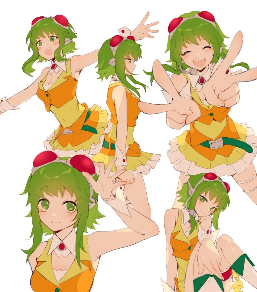 1girl belt bridal_garter closed_eyes double_v goggles goggles_on_head green_eyes green_hair gumi headset highres looking_up multiple_views open_mouth outstretched_arms short_hair_with_long_locks sitting skirt smile torino_sasami v vest vocaloid wrist_cuffs