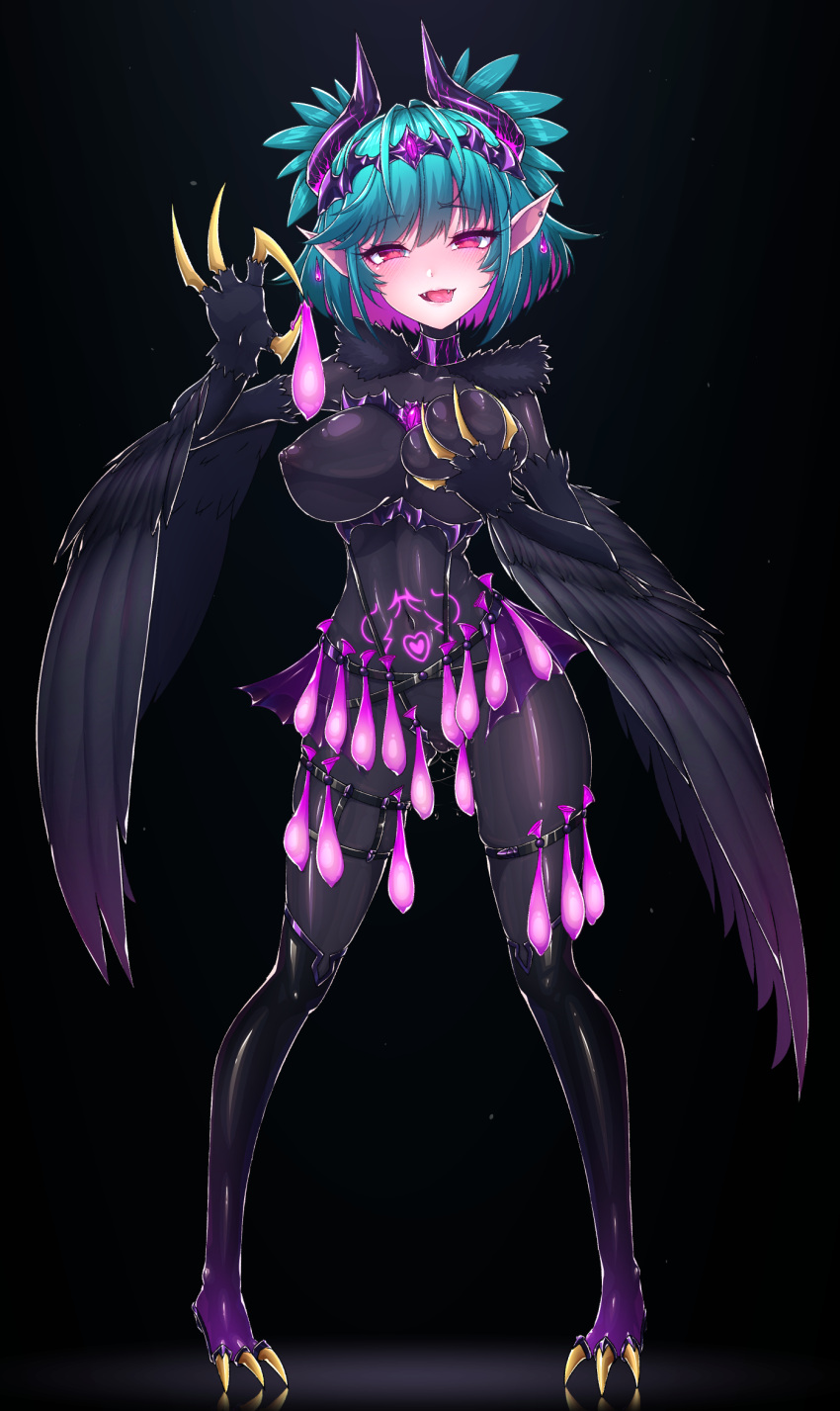 1girl alternate_breast_size bird_legs black_bodysuit black_feathers black_wings blue_hair blush bodysuit breasts claws colored_inner_hair commission condom condom_belt covered_nipples drop_earrings earrings fangs feathers glowing_tattoo harpy heart heart_tattoo highres holding holding_condom indie_virtual_youtuber jewelry kemurin lincoro looking_at_viewer monster_girl multicolored_hair open_mouth pink_hair pointy_ears pussy_juice red_eyes short_hair short_twintails skeb_commission solo stomach_tattoo talons tattoo tiara twintails used_condom virtual_youtuber winged_arms wings