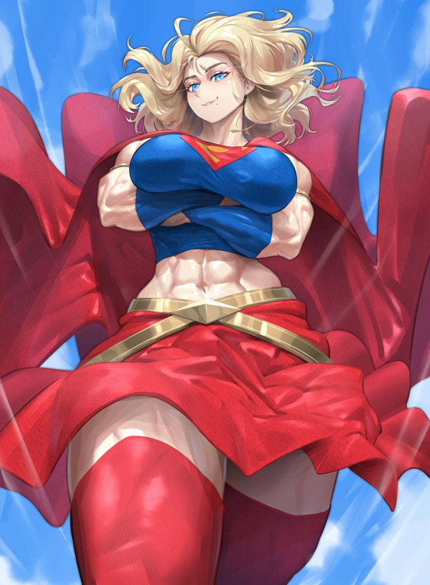 702_96 abs absurdres armband belt blonde_hair blue_eyes blue_sky breasts cape cloud crossed_arms flying highres large_breasts looking_at_viewer looking_down medium_hair mole mole_under_mouth muscular muscular_female navel red_socks skirt sky smile smirk socks supergirl thick_thighs thighhighs thighs wavy_hair wind