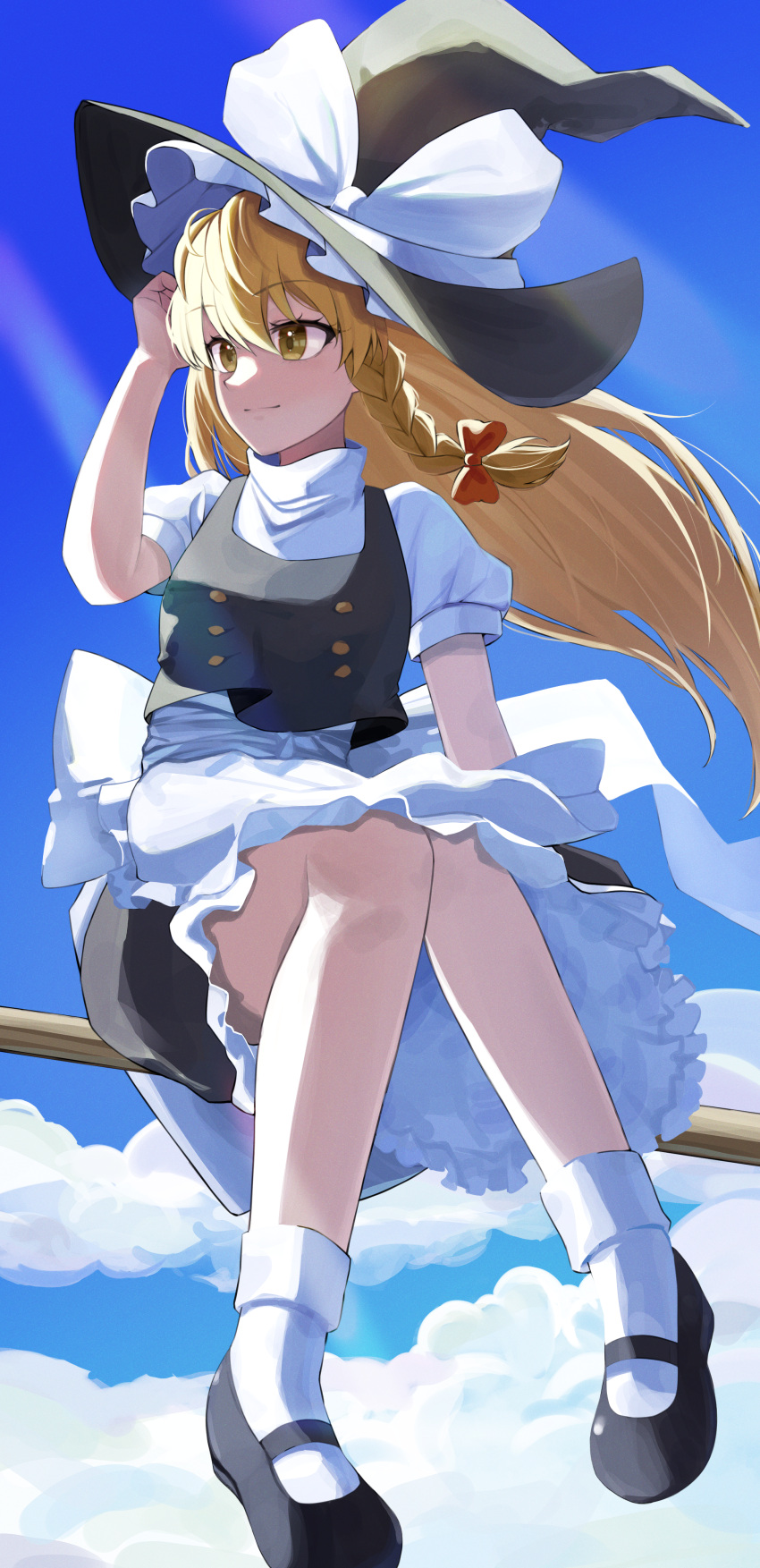 1girl absurdres ankle_socks arm_up black_footwear black_hat black_skirt black_vest blonde_hair bobby_socks bow braid brown_bow closed_mouth cloud commentary day flying frilled_skirt frills full_body hair_bow hand_in_own_hair hat hat_bow highres kirisame_marisa knees_together_feet_apart light_rays long_hair looking_afar outdoors puffy_short_sleeves puffy_sleeves shirt shoes short_sleeves side_braid sidesaddle single_braid sitting skirt smile socks solo sunlight touhou turtleneck vest white_bow white_shirt white_socks wind witch_hat yaki_tai yellow_eyes