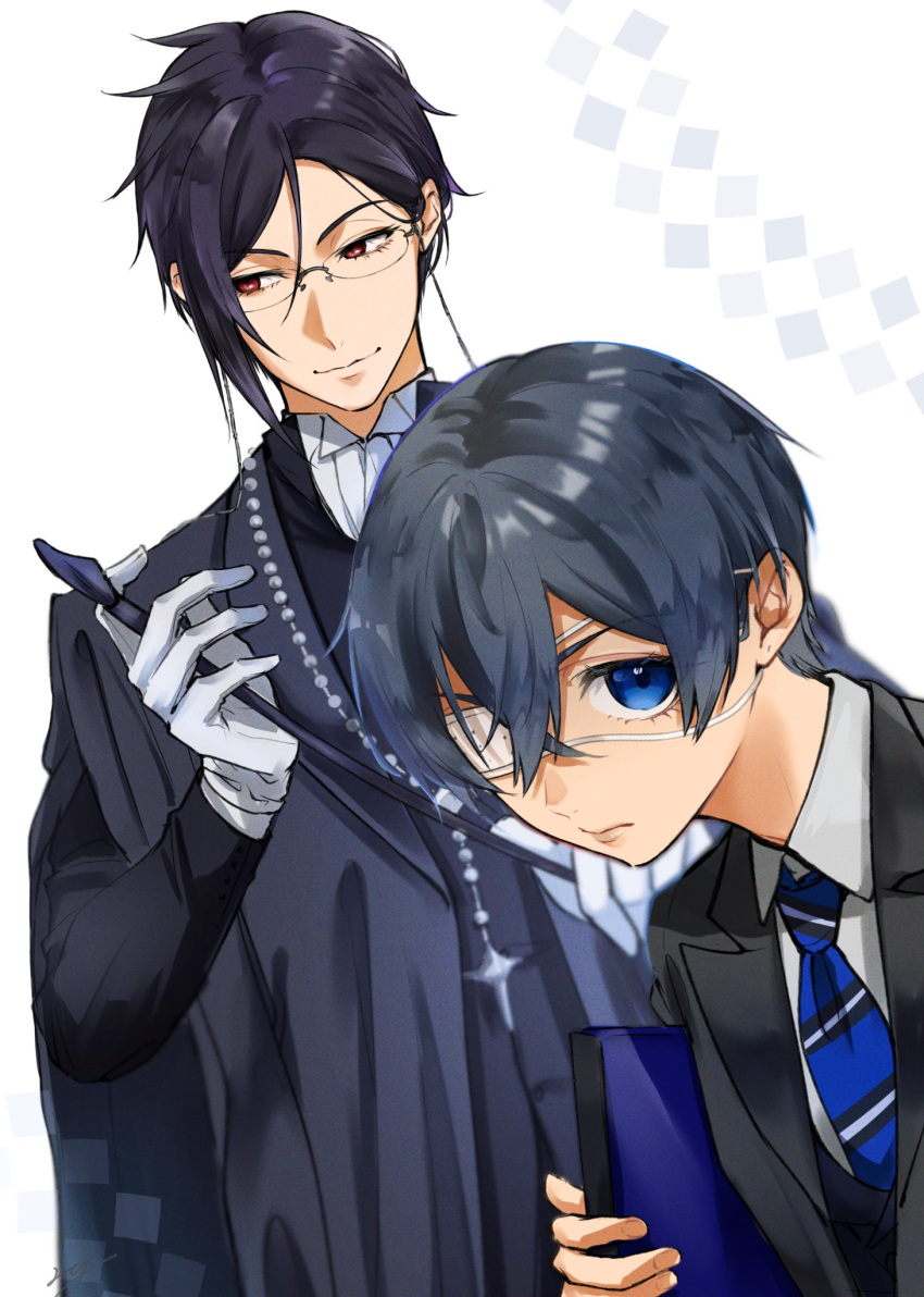 2boys black_coat black_jacket blue_eyes blue_hair blue_necktie book ciel_phantomhive closed_mouth coat collared_shirt cross cross_necklace dark_blue_hair eyepatch highres holding holding_book holding_paintbrush jacket jewelry kuroshitsuji kuroshitsuji:_kishuku_gakkou-hen looking_at_viewer looking_to_the_side male_focus medical_eyepatch mmss25 multiple_boys necklace necktie paintbrush red_eyes sebastian_michaelis shirt short_hair smirk white_background white_shirt