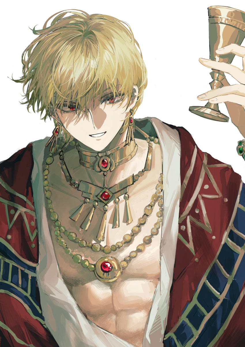 1boy absurdres alternate_costume arabian_clothes blonde_hair chalice cloak cup earrings fate/grand_order fate_(series) gilgamesh_(fate) highres jewelry looking_at_viewer male_focus necklace open_cloak open_clothes open_mouth pectorals phanta red_eyes short_hair smile solo topless_male