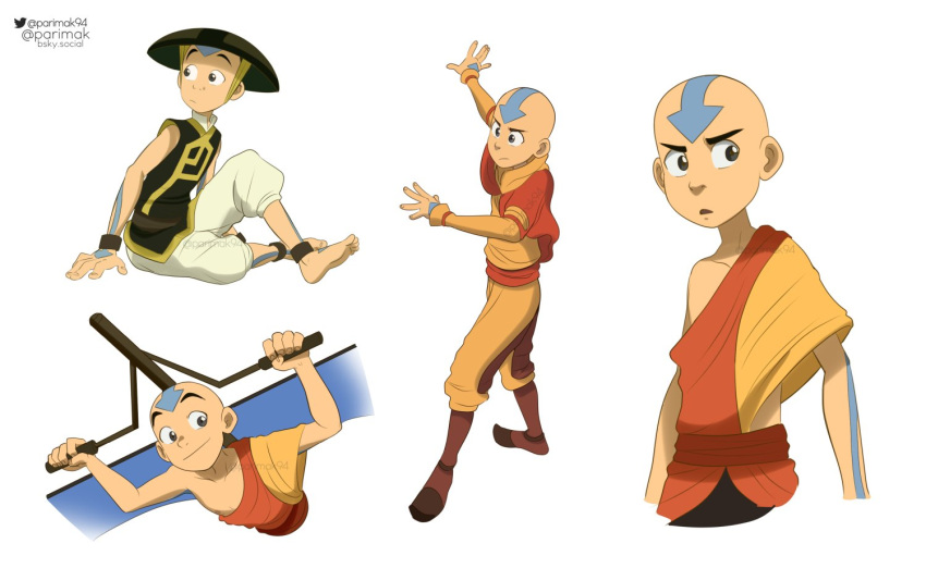 1boy aang artist_name avatar:_the_last_airbender avatar_legends child closed_mouth commentary dougi english_commentary full_body hat looking_at_viewer male_focus multiple_views open_mouth pants parimak94 simple_background sitting smile white_background