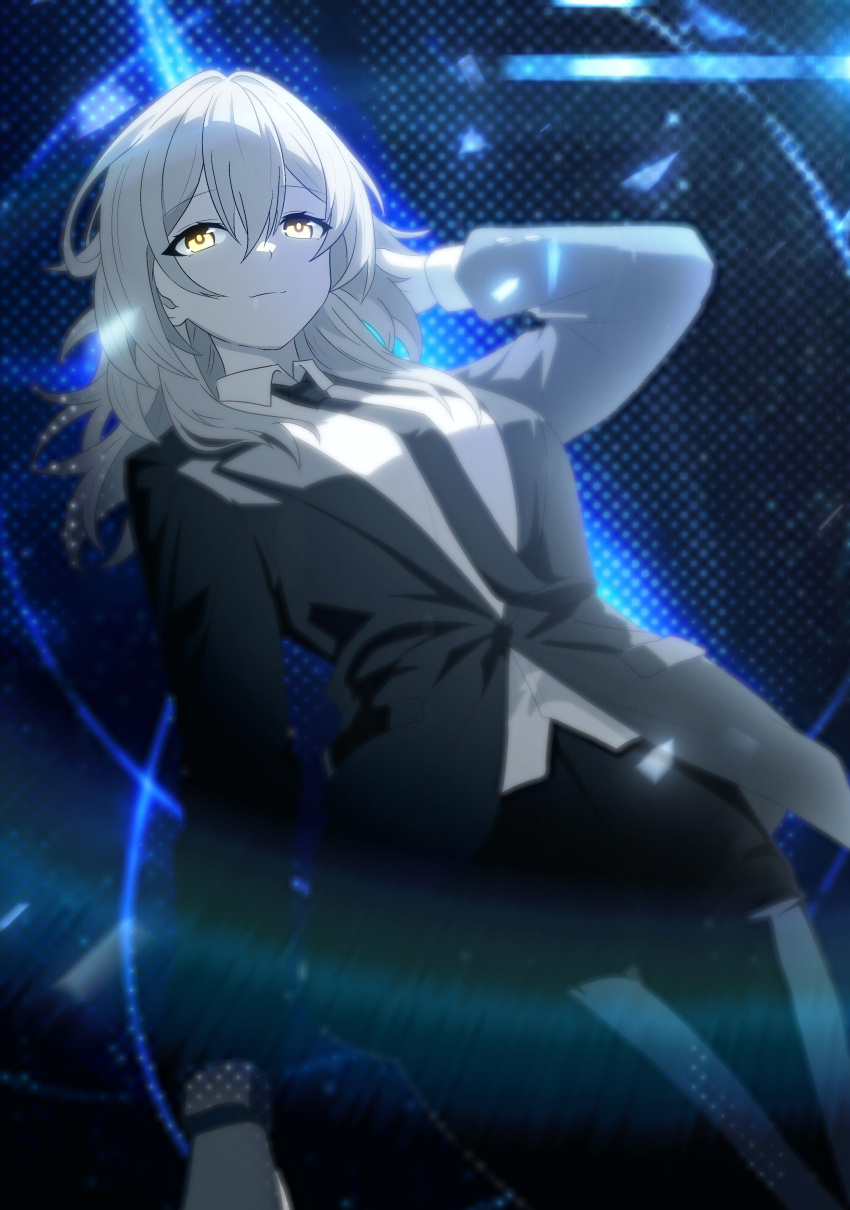 absurdres alternate_costume black_jacket black_necktie black_pants black_suit grey_hair hand_in_own_hair highres honkai:_star_rail honkai_(series) jacket looking_at_viewer necktie pants shirt sss stelle_(honkai:_star_rail) suit trailblazer_(honkai:_star_rail) white_shirt yellow_eyes