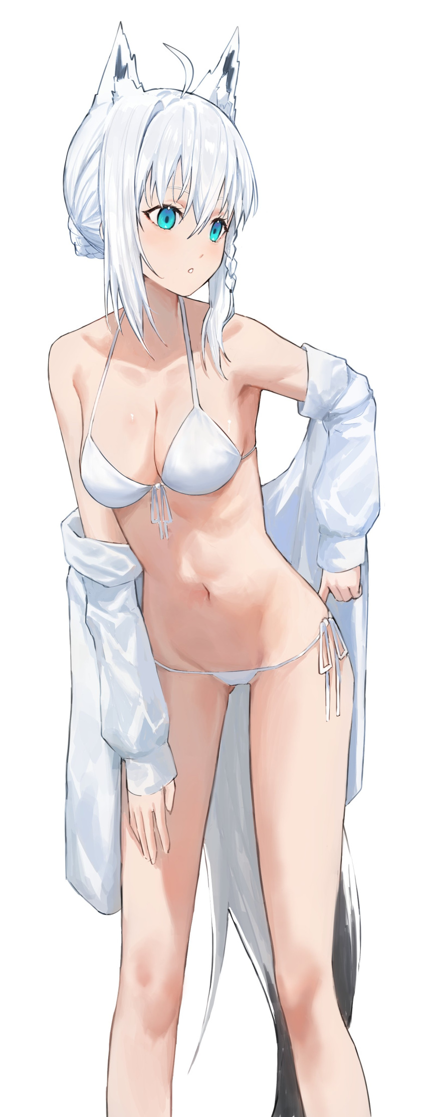 1girl absurdres ahoge animal_ear_fluff animal_ears bikini blue_eyes braid breasts cleavage collarbone fox_ears fox_girl fox_tail hair_between_eyes highres hololive jacket kaze_22 medium_breasts micro_bikini navel off_shoulder open_clothes open_jacket open_mouth shirakami_fubuki short_hair side_braid simple_background solo stomach swimsuit tail virtual_youtuber white_background white_bikini white_hair white_jacket