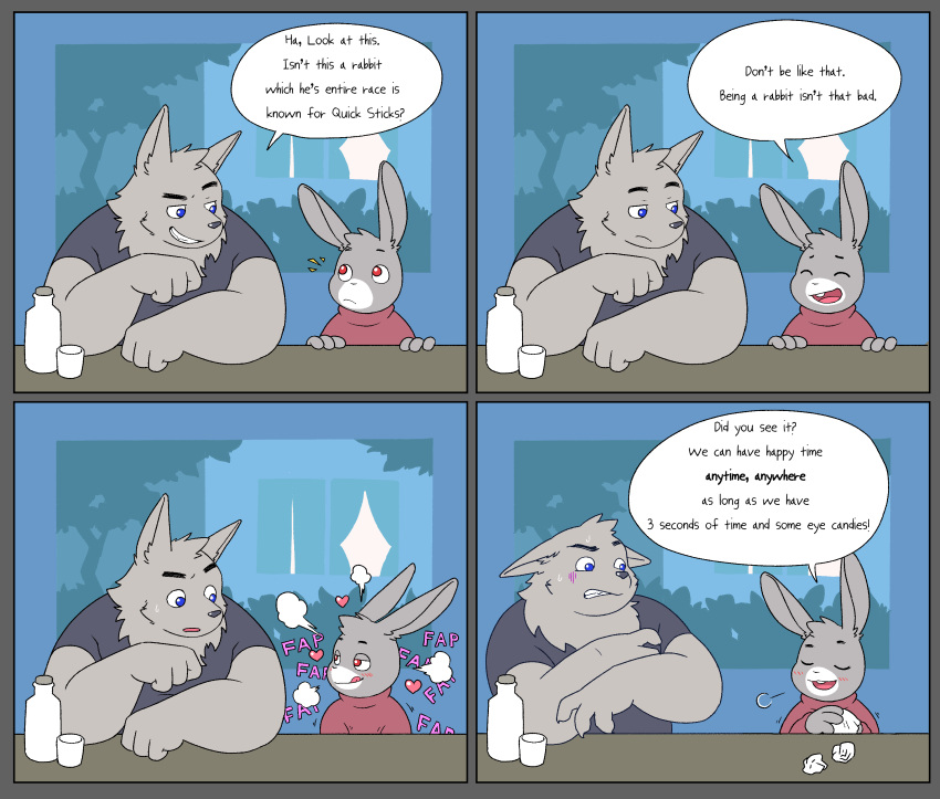 absurd_res anthro anthro_on_anthro blue_eyes canid canine canis clothed clothing comic dialogue duo english_text eyebrows eyes_closed fingers fur grey_body grey_fur hi_res interspecies lagomorph leporid male male/male mammal masturbation open_mouth open_smile predator/prey rabbit sexual_harassment smile speech_bubble text witherrose1 wolf