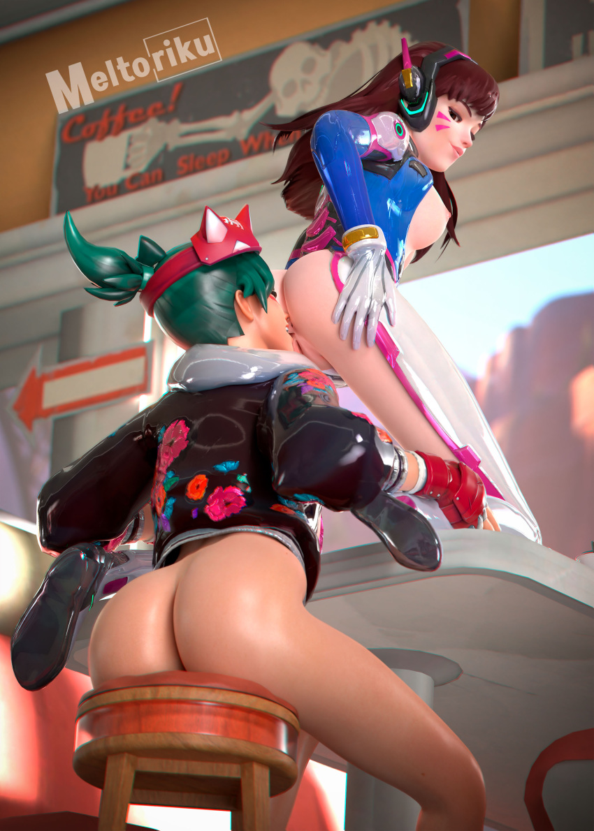 2girls 3d absurdres artist_name ass ass_focus ass_grab athleisure_kiriko back blender_(medium) brown_eyes brown_hair commentary curvy d.va_(overwatch) day english_commentary from_behind gloves head_on_ass highres huge_ass kiriko_(overwatch) latex latex_gloves latex_legwear latex_suit latex_thighhighs looking_at_viewer meltoriku multiple_girls outdoors overwatch overwatch_2 smile thick_thighs thighhighs thighs watermark yuri