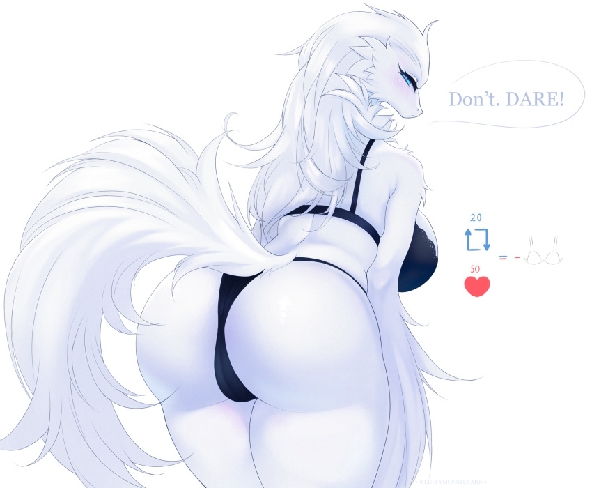 anthro big_breasts blue_eyes breasts butt clothing dragon female fluffymonsterart fur generation_5_pokemon hair hi_res legendary_pokemon long_hair looking_at_viewer looking_back mythological_creature mythological_scalie mythology nintendo pokemon pokemon_(species) pokemorph rear_view reshiram scalie simple_background solo tail white_body white_fur white_hair