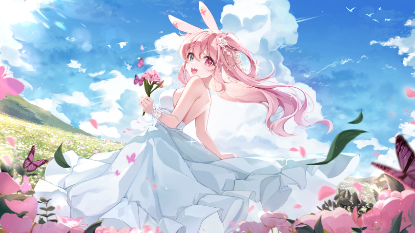 1girl absurdres animal_ears bare_shoulders bird blue_sky blush bouquet bug butterfly cloud cloudy_sky day dress dutch_angle fake_animal_ears falling_petals field flower from_side grass green_eyes highres hill holding holding_bouquet hyeya long_hair looking_at_viewer motion_blur open_mouth original outdoors petals pink_eyes pink_flower pink_hair rabbit_ears sky smile teeth two-tone_eyes two_side_up upper_teeth_only white_dress wide_shot wrist_cuffs