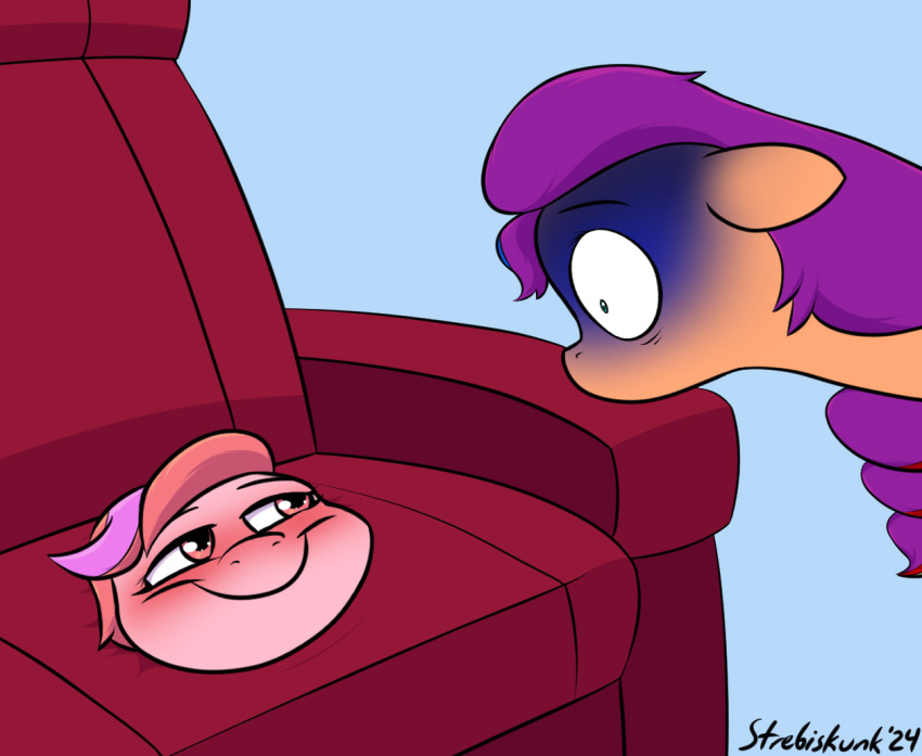 armchair blush chair earth_pony equid equine fur furniture hair hasbro horse mammal mlp_g5 mortified my_little_pony orange_body orange_fur pink_eyes pink_hair pony purple_hair smile strebiskunk sunny_starscout_(mlp) wide_eyed windy_(mlp)