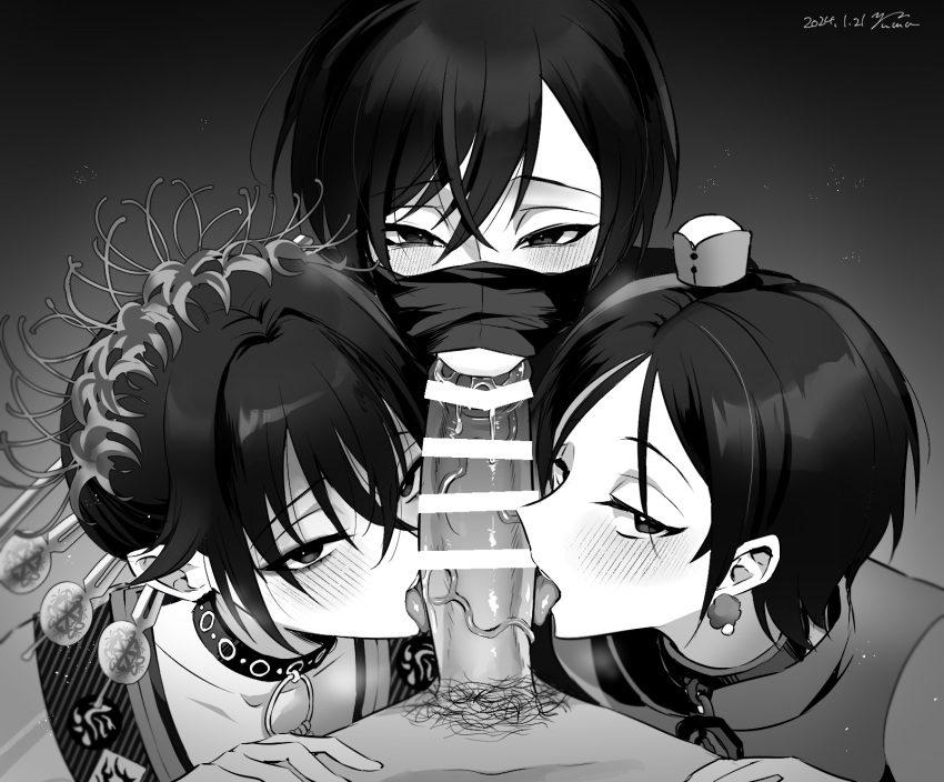 1boy 3girls bar_censor blush censored dated earrings erection fellatio greyscale hair_between_eyes highres jewelry looking_at_viewer male_pubic_hair mask monochrome mouth_mask multiple_girls oral original penis pubic_hair short_hair signature tongue tongue_out veins veiny_penis yuuma_(yuma1111)
