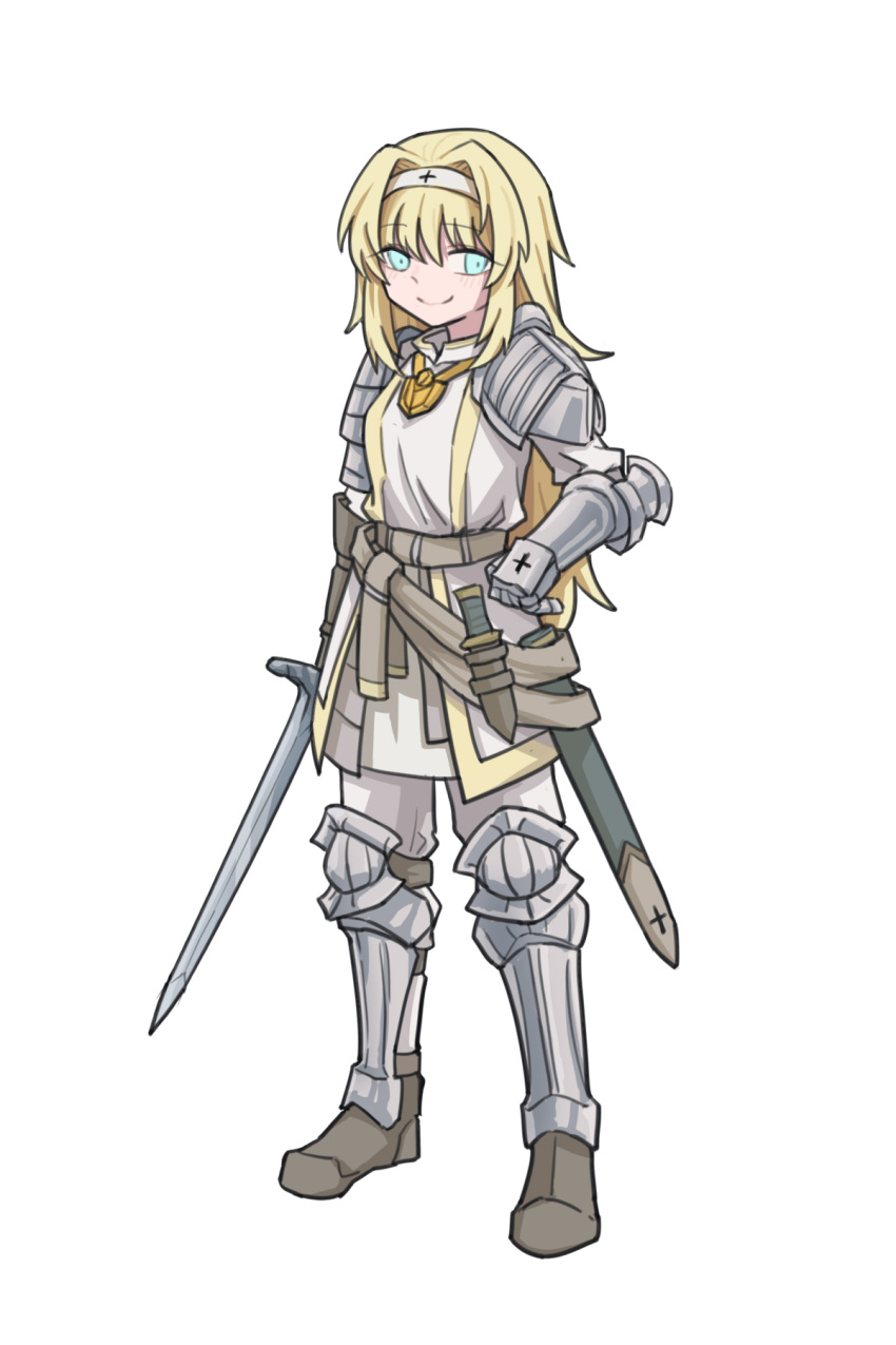 1girl armor black_souls blonde_hair blue_eyes boots brown_footwear closed_mouth dress gauntlets hair_intakes hairband highres holding holding_sword holding_weapon jeanne_(black_souls) jewelry knee_guards long_hair looking_at_viewer necklace pauldrons rabbit_king sheath shin_guards shoulder_armor sidelocks smile solo sword weapon white_dress white_hairband