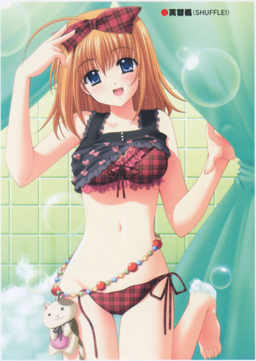 absurdres ahoge barefoot blue_eyes blush bow bra bubble fuyou_kaede heart heart_print highres lingerie navel nishimata_aoi orange_hair panties plaid plaid_bow plaid_bra plaid_panties scan short_hair shuffle! side-tie_panties solo stomach stuffed_animal stuffed_cat stuffed_toy underwear underwear_only untied