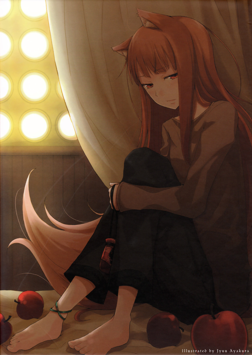 animal_ears anklet apple ayakura_juu barefoot female fruit hi_res horo sitting solo spice_and_wolf tail wolf_ears