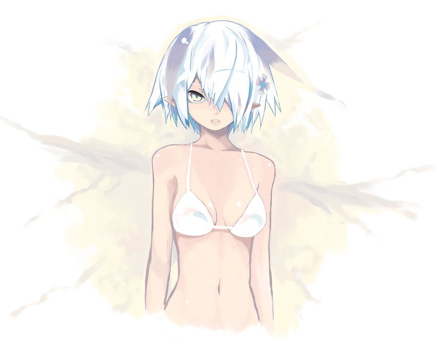 arue bikini bikini_top hair_ornament hair_over_one_eye original pointy_ears sanada_taketo short_hair simple_background solo swimsuit white_background white_hair yellow_eyes