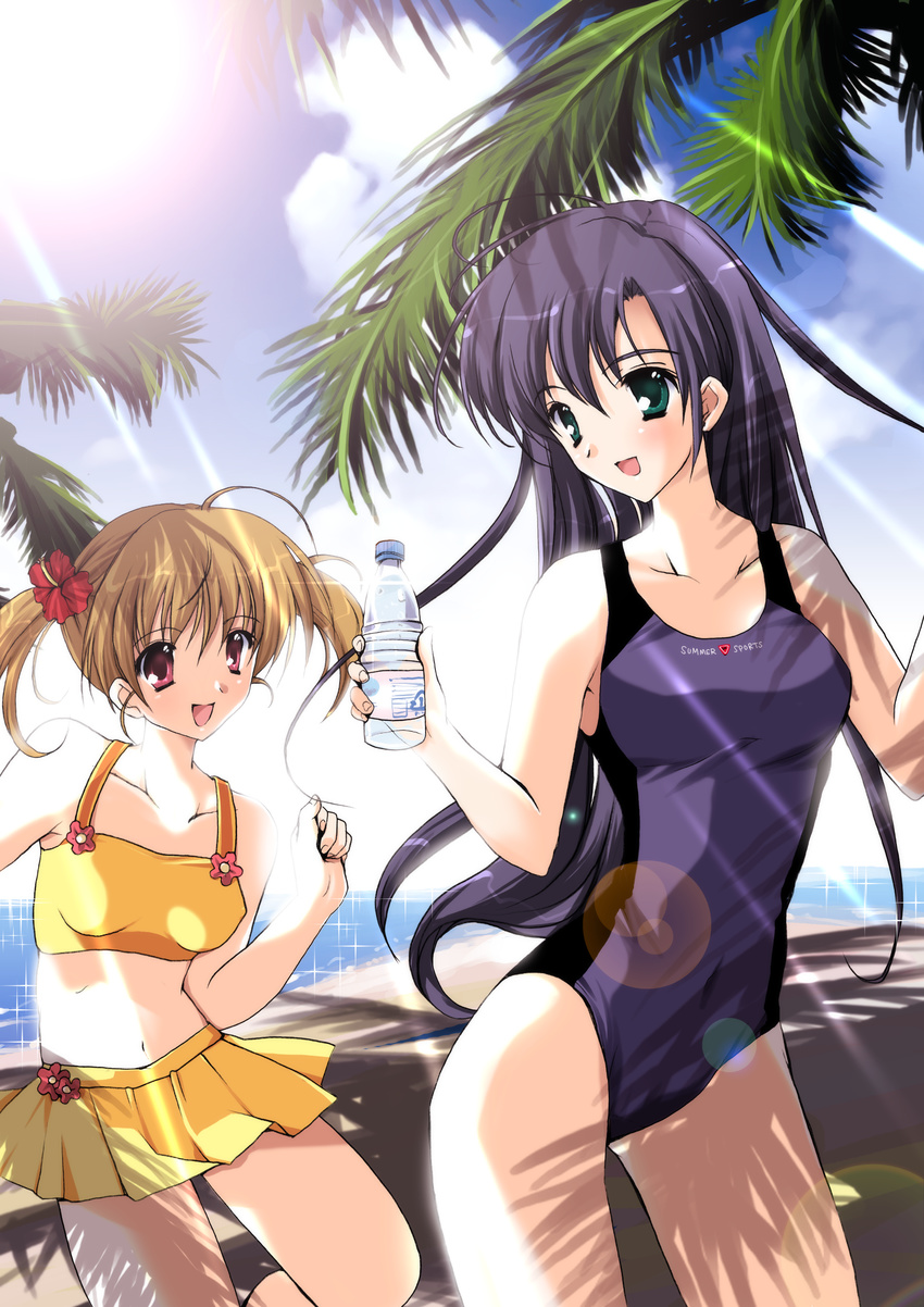 absurdres bikini bottle competition_swimsuit flower fukuzawa_yumi hair_flower hair_ornament hibiscus highres light_rays maria-sama_ga_miteru mikeou multiple_girls ogasawara_sachiko one-piece_swimsuit sunbeam sunlight swimsuit twintails