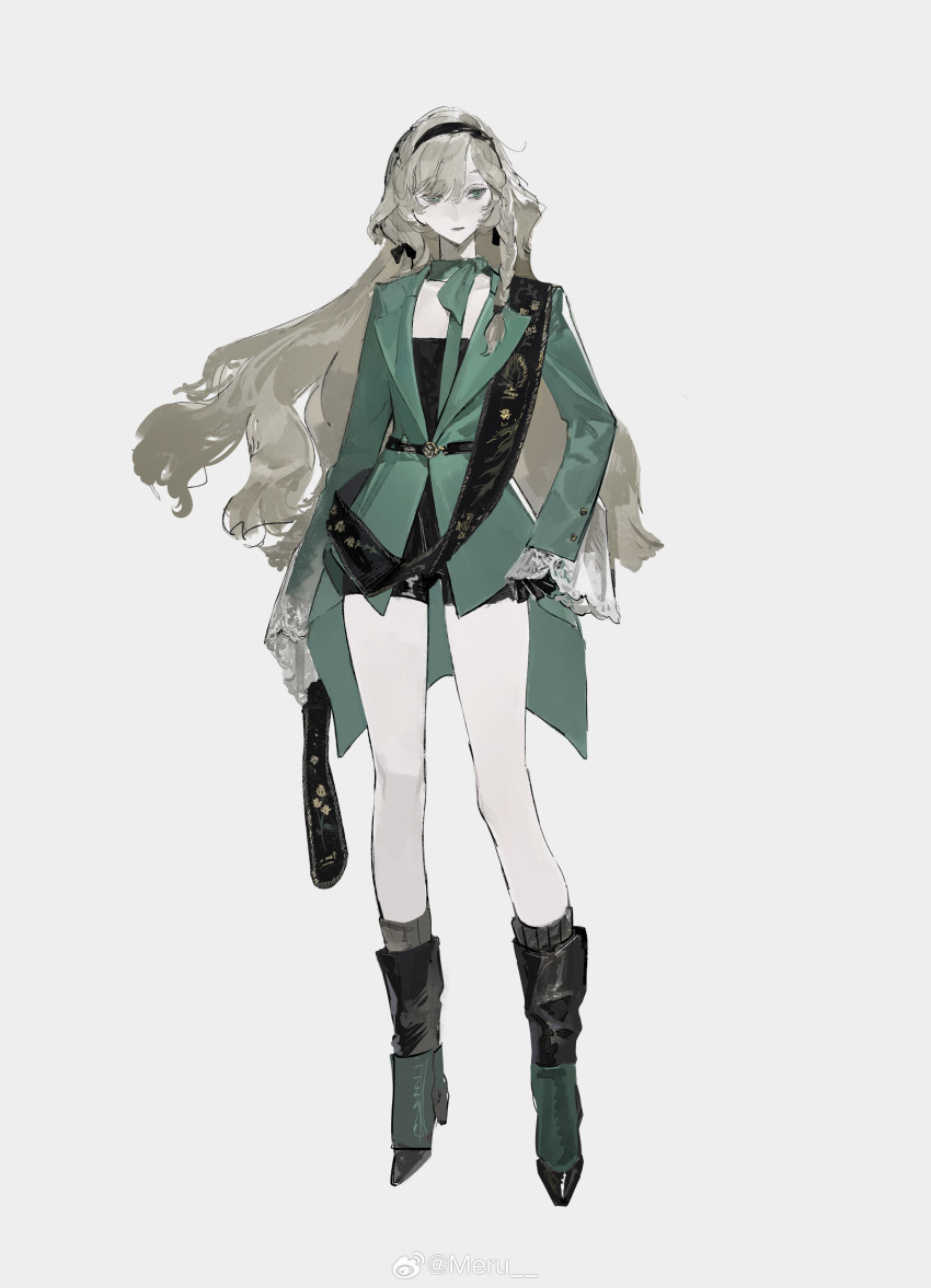 1girl absurdres bare_legs black_boots black_bow black_hair black_shorts boots bow braid chinese_commentary coat collarbone commentary ef88_(girls'_frontline) floating_hair full_body girls'_frontline green_coat green_eyes green_neckerchief grey_background grey_socks hair_bow hair_over_one_eye hair_over_shoulder hairband high_heel_boots high_heels highres long_hair looking_to_the_side meru02295238 micro_shorts neckerchief prototype_design shorts simple_background socks solo striped_clothes striped_socks tailcoat vertical-striped_clothes vertical-striped_socks watermark weibo_username weibo_watermark
