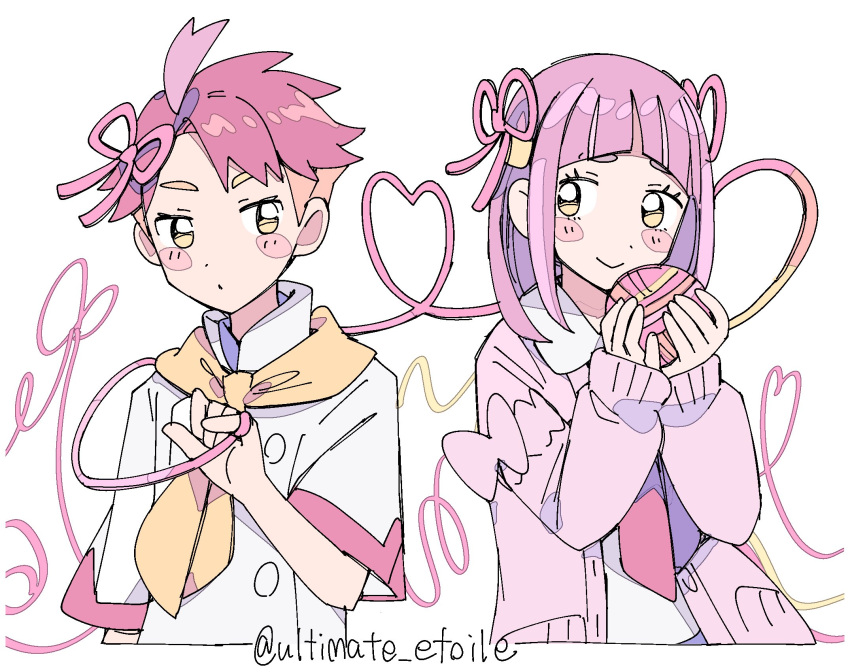 1boy 1girl :> ahoge arched_bangs blush_stickers bow cardigan closed_mouth crispin_(pokemon) hair_ornament hairclip highres jacket lacey_(pokemon) long_sleeves looking_at_another multicolored_hair neckerchief orange_hair pink_bow pink_cardigan pink_hair pokemon pokemon_sv red_hair red_neckerchief remoooon scarf shirt short_hair simple_background smile two-tone_hair upper_body white_background white_jacket white_shirt yarn yarn_ball yellow_eyes yellow_scarf