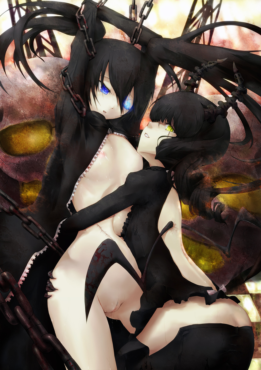 absurdres arms_up backless_outfit black_hair black_rock_shooter black_rock_shooter_(character) blue_eyes breasts chain checkered dead_master dress glowing glowing_eyes green_eyes highres horns kuku_px multiple_girls navel pussy pussy_juice saliva saliva_trail scar skull small_breasts sweat twintails uncensored yuri