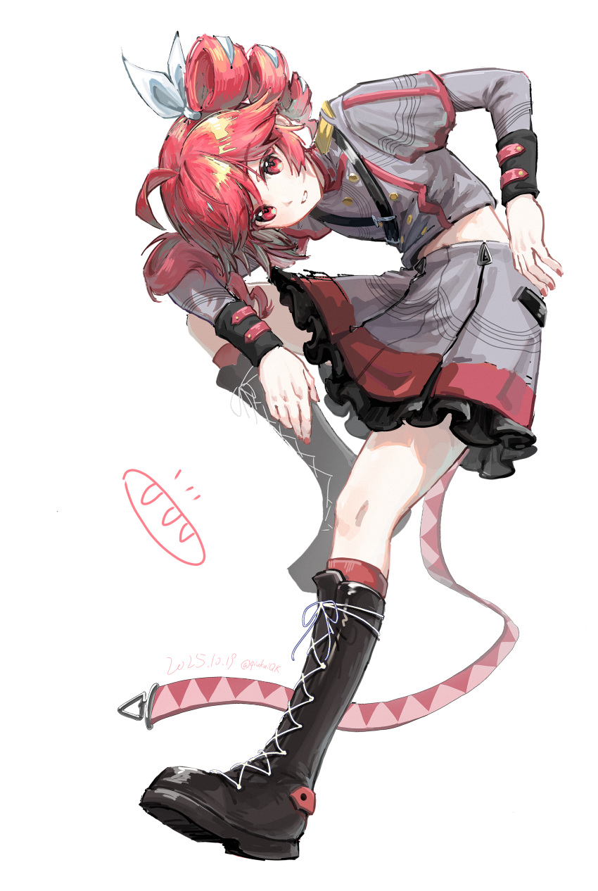 1girl absurdres ahoge black_boots boots buttons commentary_request dated doodle_inset double-breasted drill_hair grey_shirt hair_ribbon highres kasane_teto kasane_teto_(sv) knee_up lace-up_boots midriff musical_staff musical_staff_print nail_polish parted_lips qiukui red_eyes red_hair red_nails ribbon shirt shoulder_belt simple_background skirt solo synthesizer_v twin_drills twitter_username white_background white_ribbon