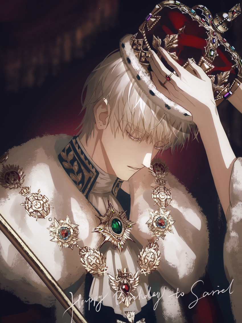 1boy bangs crown gem green_gemstone happy_birthday highres holding holding_crown jabot jewelry light_and_night_love looking_down male_focus military military_uniform pov pov_hands purple_gemstone qi_sili red_gemstone ring royal short_hair uniform upper_body wanxin745 white_hair