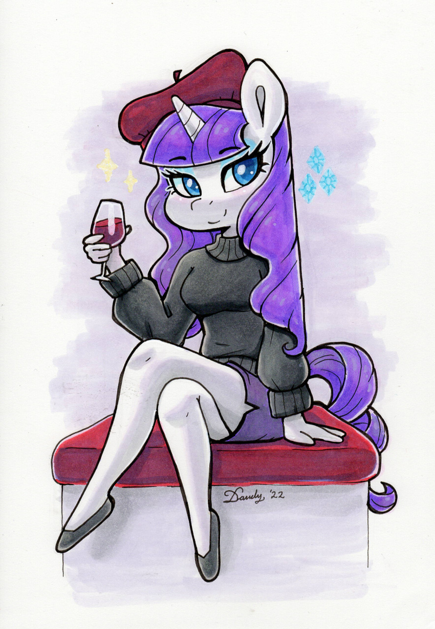 2022 absurd_res alcohol anthro beret beverage blue_eyes breasts chibi clothing container crossed_legs cup cutie_mark dandy_(artist) drinking_glass equid equine eyebrow_through_hair eyebrows eyelashes female footwear friendship_is_magic glass glass_container glass_cup hair hasbro hat headgear headwear hi_res horn long_hair looking_at_viewer mammal my_little_pony purple_hair rarity_(mlp) shoes sitting smile solo sparkles sweater topwear traditional_media_(artwork) translucent translucent_hair unicorn wine wine_glass