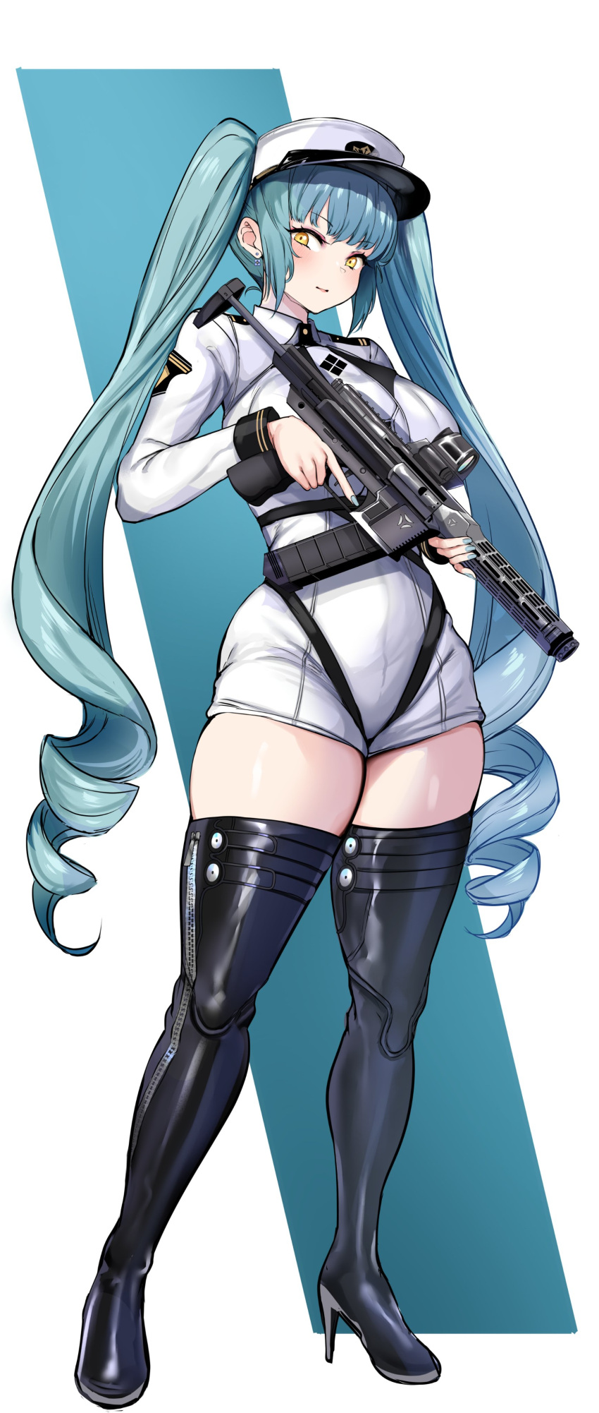 1girl absurdres agetama aqua_hair aqua_nails assault_rifle black_thighhighs boots breasts choppy_bangs dangle_earrings earrings full_body goddess_of_victory:_nikke gun harness hat high_heel_boots high_heels highres holding holding_gun holding_weapon jewelry large_breasts long_hair looking_at_viewer military_rank_insignia nail_polish privaty_(nikke) rifle ringlets shoulder_boards sidelocks skindentation solo standing thick_thighs thigh_boots thighhighs thighs trigger_discipline twintails very_long_hair weapon weapon_request white_hat white_romper yellow_eyes zipper_footwear