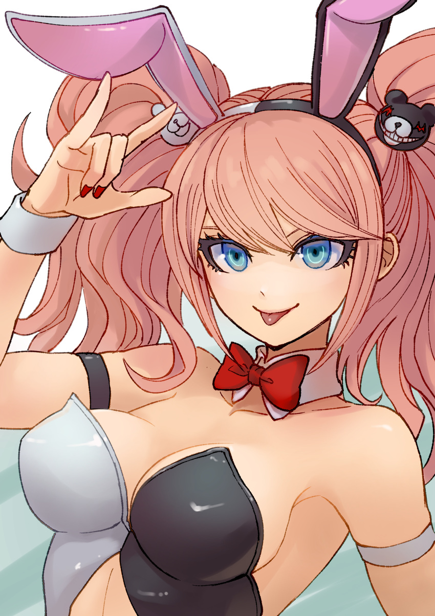 1girl absurdres animal_ears bare_shoulders bear_hair_ornament blonde_hair blue_eyes breasts cleavage commentary_request danganronpa:_trigger_happy_havoc danganronpa_(series) enoshima_junko fake_animal_ears hair_ornament highres large_breasts long_hair looking_at_viewer official_alternate_costume playboy_bunny rabbit_ears red_nails shiny_skin simple_background smile solo tongue tongue_out twintails two-tone_leotard wrist_cuffs youko-shima