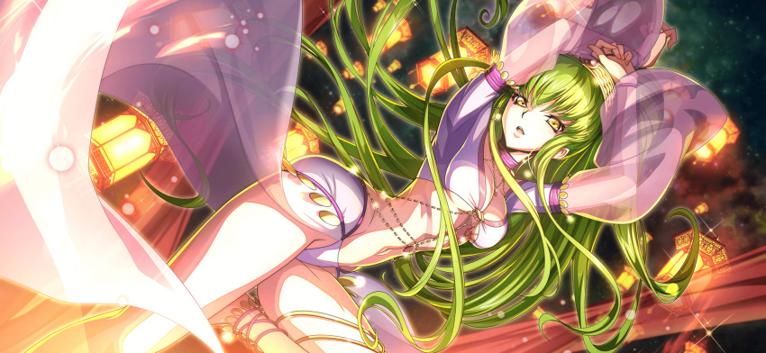 1girl anklet arabian_clothes arms_up artist_request breasts c.c. code_geass code_geass:_lost_stories crop_top dancing dutch_angle earrings floating floating_hair floating_object game_cg gem green_hair hairband highres hoop_earrings jewelry lantern leg_up light_particles long_hair long_sleeves looking_at_viewer medium_breasts navel necklace night non-web_source official_art open_mouth outdoors puffy_long_sleeves puffy_sleeves red_gemstone see-through see-through_sleeves shirt sidelocks solo sparkle standing standing_on_one_leg stomach teeth thighlet thighs tongue underboob very_long_hair white_shirt yellow_eyes yellow_hairband