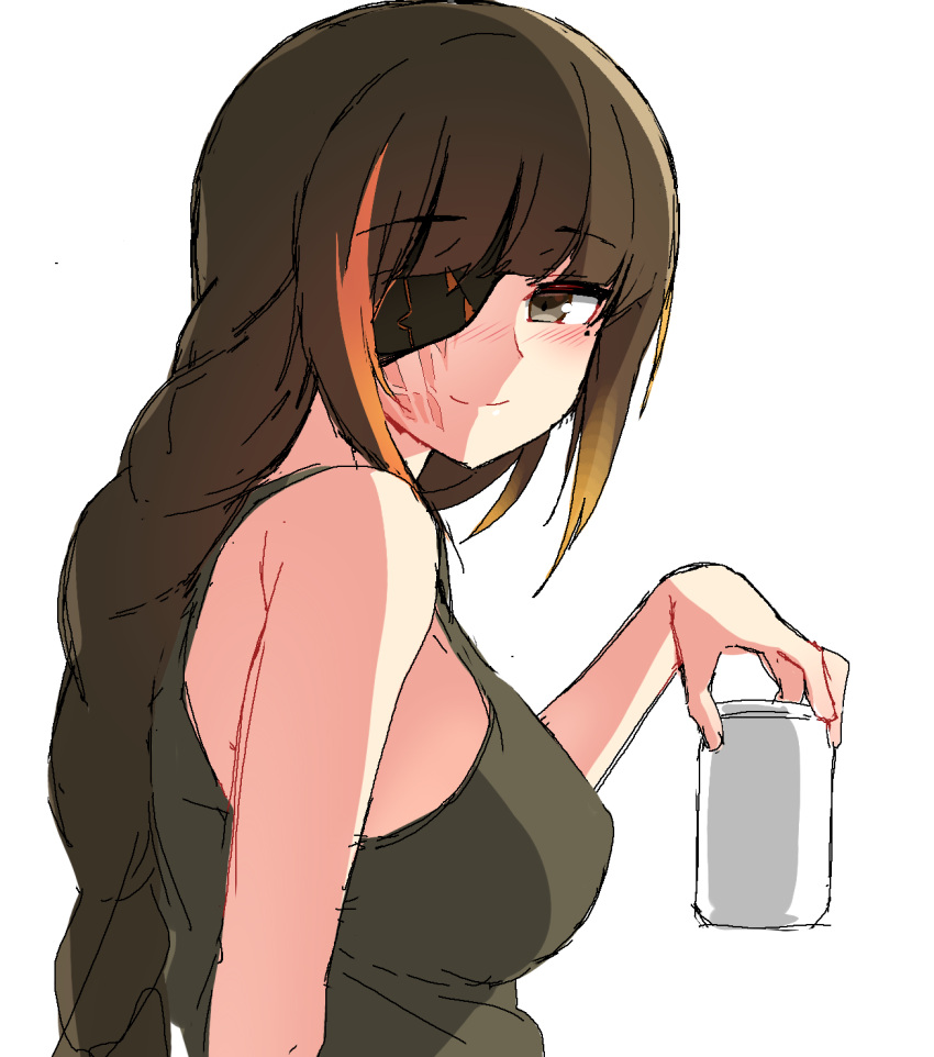 1girl alcohol bare_shoulders beer_can black_hair black_shirt black_tank_top blonde_hair blunt_bangs blush braid braided_ponytail breasts brown_eyes can closed_mouth commentary drink drink_can eyepatch girls'_frontline gradient_hair hair_over_shoulder half-closed_eyes hand_up head_tilt highres holding holding_can holding_drink large_breasts leaning leaning_to_the_side long_hair looking_at_viewer m16a1_(girls'_frontline) mole mole_under_eye multicolored_hair ndgd orange_hair parted_bangs scar scar_across_eye shirt side_braid side_ponytail sidelocks simple_background sleeveless sleeveless_shirt smile solo streaked_hair tank_top very_long_hair white_background