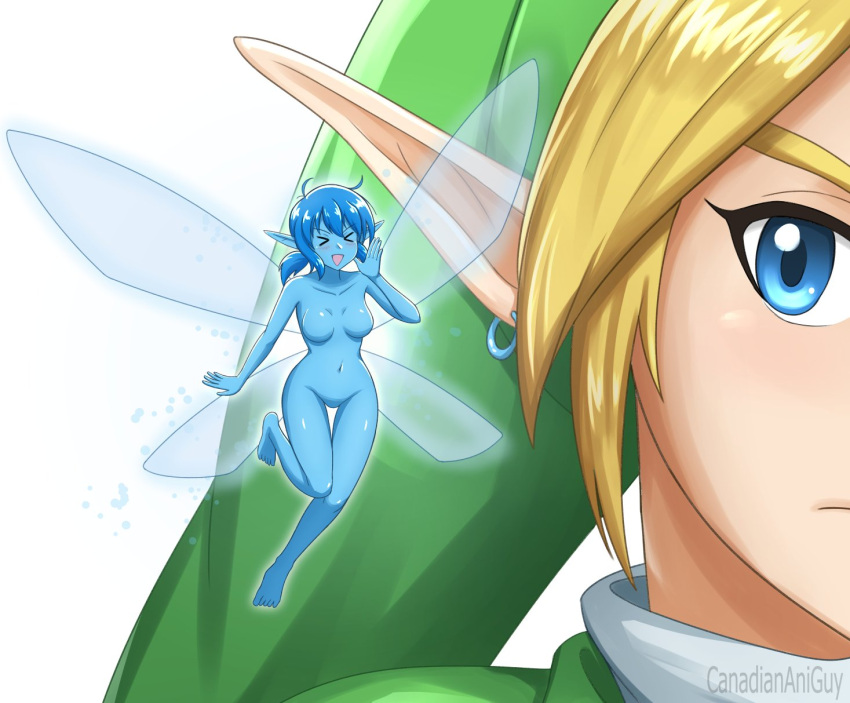 &gt;_&lt; 1boy 1girl blonde_hair blue_eyes blue_hair blue_skin breasts canadiananiguy colored_skin earrings fairy fairy_wings floating green_hat green_tunic hat highres jewelry link mini_person minigirl navel navi no_nipples nude open_mouth personification pointy_ears stomach the_legend_of_zelda the_legend_of_zelda:_ocarina_of_time thigh_gap wings